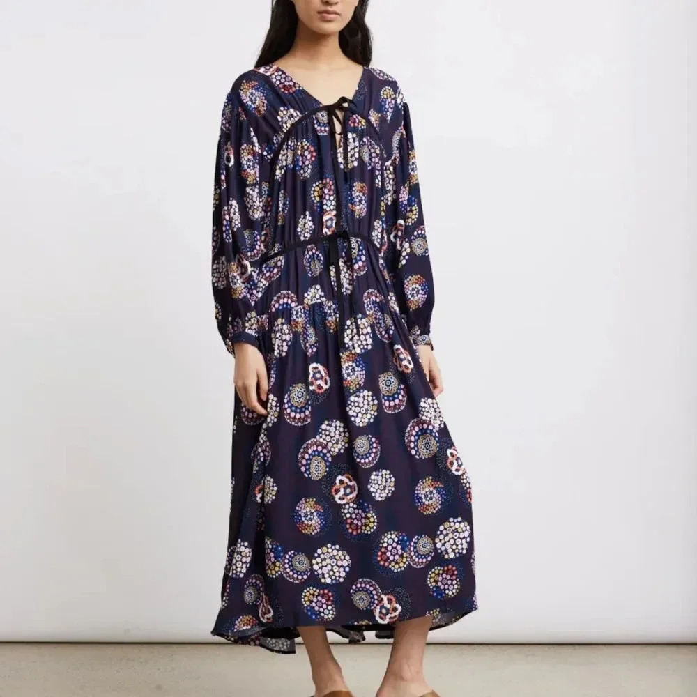 Ciao Lucia Blue Terina Bomba Boho Prairie Maxi Dress Medium